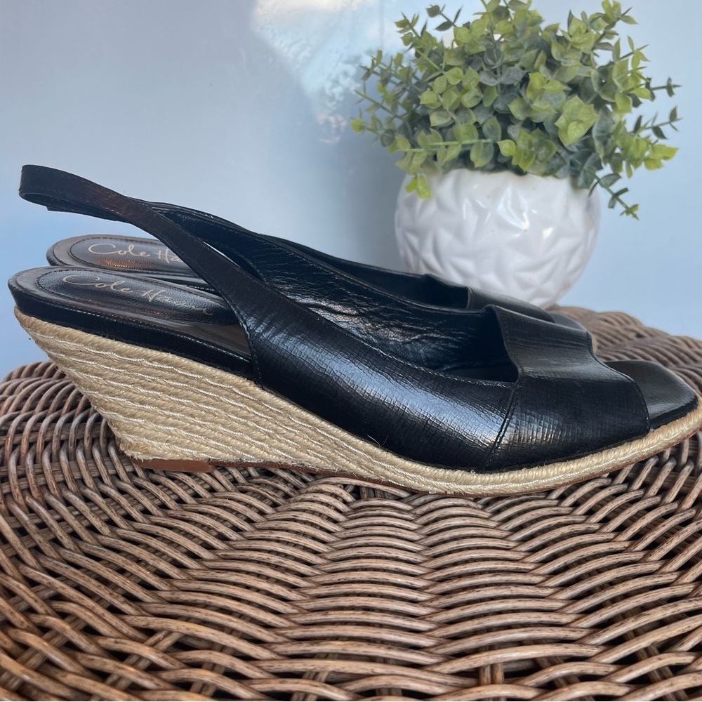 Cole Haan Black Peep-Toe Slingback Wedges - Picture 4 of 15